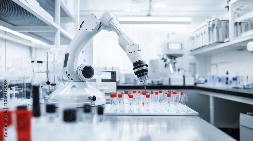 Aufkleber A robot handling automated sorting of chemical samples in a modern chemical laboratory with clean, organized sorting stations and advanced chemical handling systems, Chemical sorting tech style