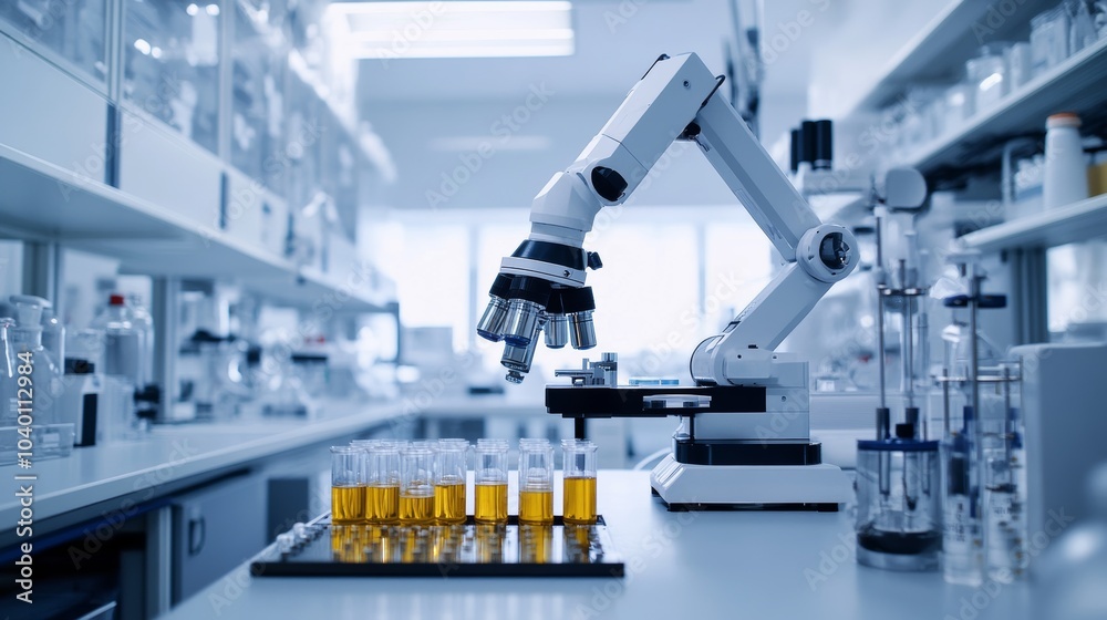 Aufkleber A robot handling automated sorting of chemical samples in a modern chemical laboratory with clean, organized sorting stations and advanced chemical handling systems, Chemical sorting tech style