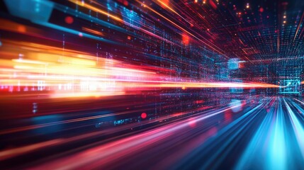 Abstract light streaks and geometric shapes in motion on a futuristic tech background.