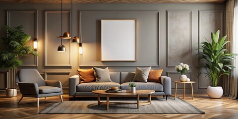 Fototapeta premium Mockup of a Stylish Poster Frame in Modern Interior 3D Rendering for Home Decor Enhancement