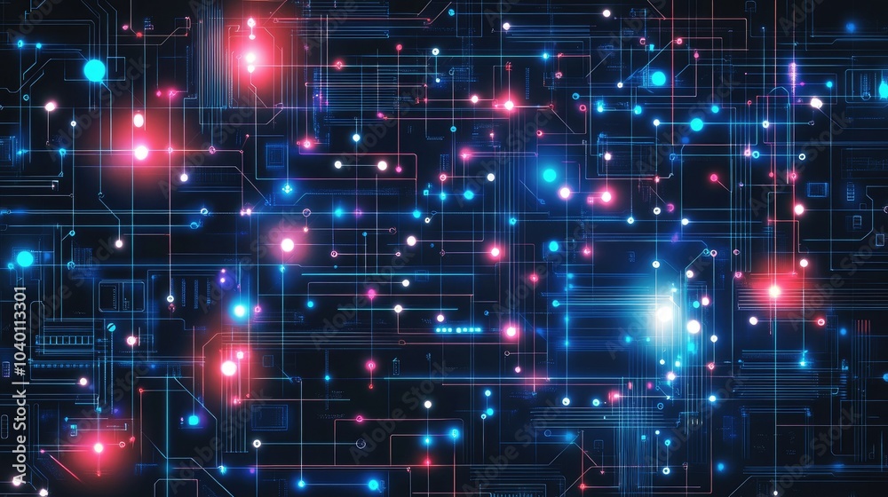 Poster abstract neon circuitry pattern with glowing data points on a tech process background.