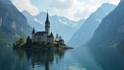 Fototapeta premium Enchanting Castle on a Lake Surrounded by Majestic Mountains