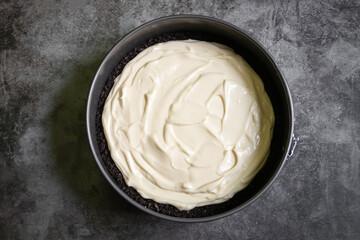 Delicious cheesecake mix in a springform pan ready for baking, showcasing smooth texture and creamy surface.