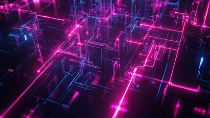 Abstract neon circuitry with glowing lines on a dark background for tech visuals.