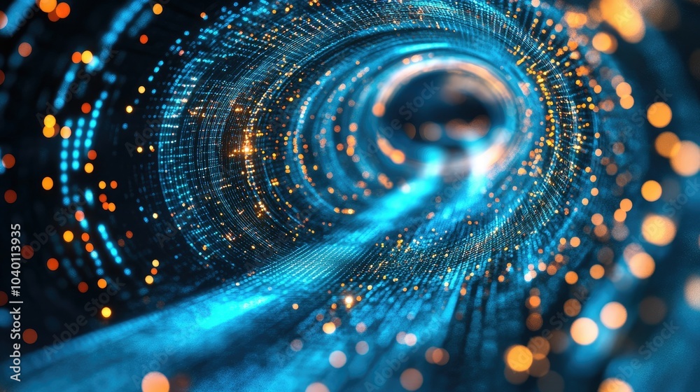 Poster abstract tunnel of glowing data points in motion on a blue tech background.