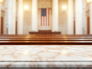 Empty marble surface for product placement with blurred courtroom interior and american flag in the background