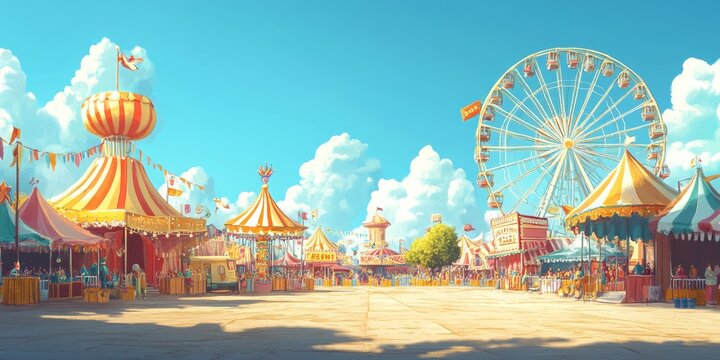 Cheerful Carnival in Pastel Hues, vibrant atmosphere, whimsical characters, playful rides, sunflower yellow accents, enchanting old animation style