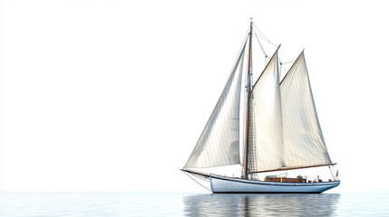 Fototapeta premium sailboat on calm ocean waters sails full of wind isolated on white background, copy space for text