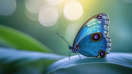  blue morpho butterfly resting on a leaf, capturing the intricate patterns on its wings and the fine texture of its body