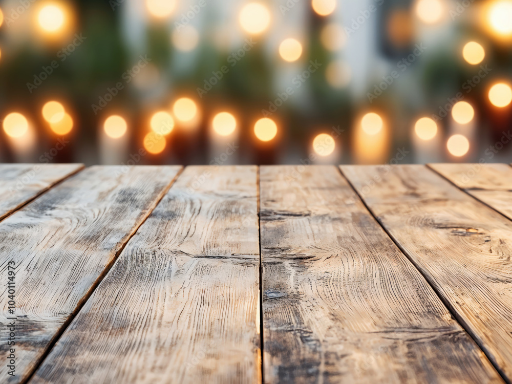 Poster empty wooden table top showing festive bokeh lights background for product placement