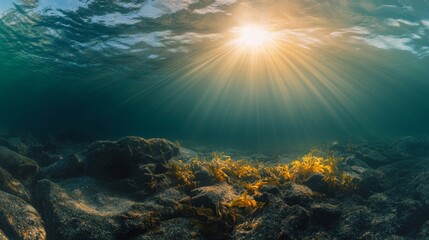 Underwater Sunlight. Rocky Seabed and Algae in Oceanic Depths