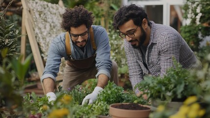 Biracial man and Middle Eastern man gardening together outdoors