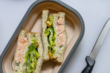 Delicious sandwich filled with fresh vegetables and creamy salmon, perfect for lunch or a snack on the go.