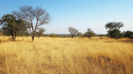 African bushveld with dry grass and scattered trees, leaving room for copy.