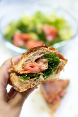 Delicious sandwich packed with fresh lettuce and tomato, presented with a vibrant salad in the background, perfect for any meal.