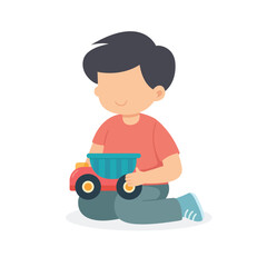 Smiling excited children cartoon character with toy. Little boy playing a toy truck and feel happy vector illustration 