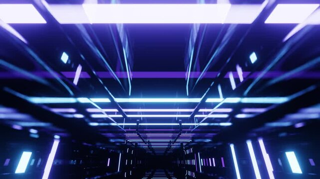 Ultraviolet tunnel. Hi-tech neon sci-fi tunel. Trendy neon glow lines form pattern and construction in mirror tunnel. Fly through technology cyberspace. 3d looped seamless 4k bright youth background.