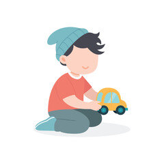 Little kid playing a toy car and feel happy. Smiling excited children cartoon character with toy. vector illustration 