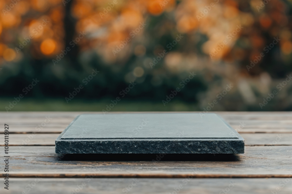 Aufkleber empty black slate plate is lying on a wooden table with an out of focus forest background