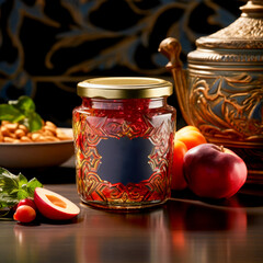 A decorative jar of fruit preserves with an ornate label, set on a luxurious table with fresh fruit and intricate golden accents, creating a refined atmosphere