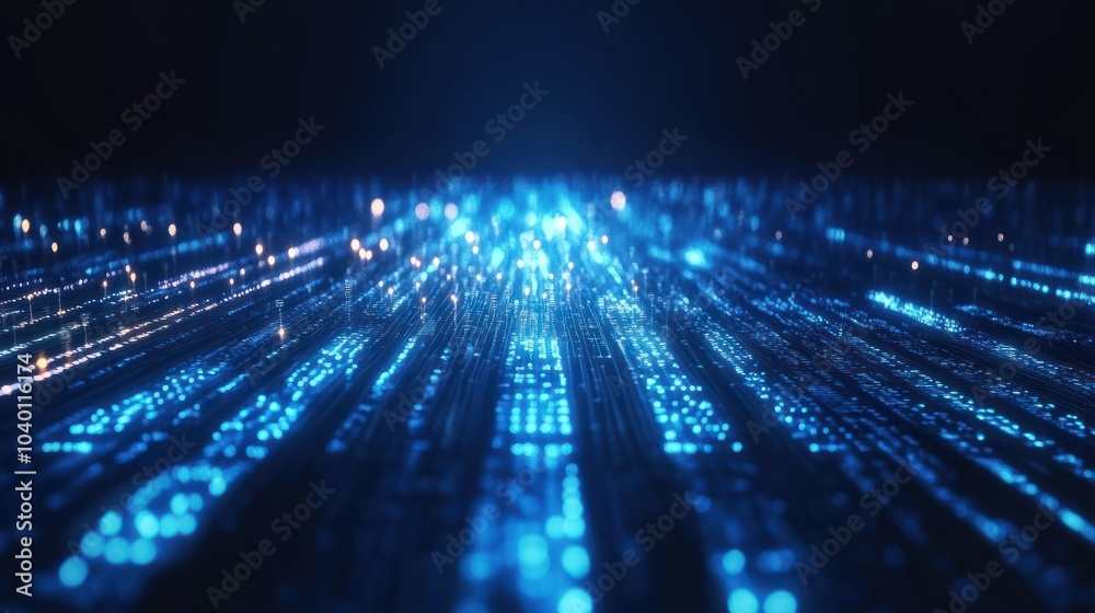 Poster blue binary code background with glowing lights and data flowing, technology concept