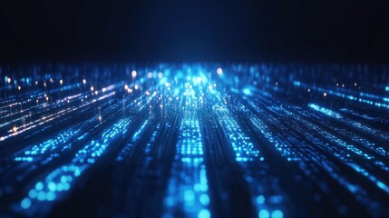 Blue binary code background with glowing lights and data flowing, technology concept