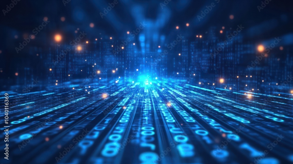 Poster blue binary code background with glowing lights and data flowing, technology concept