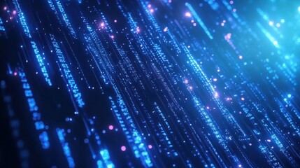 Fototapeta premium Blue binary code background with glowing lights and data flowing, technology concept