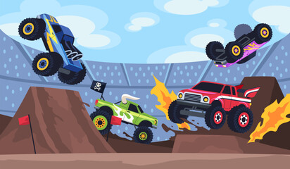 Cartoon monster trucks extreme show. Heavy cars with large wheels at arena, aggressive jumping and overcoming obstacles, entertainment banner, game speed transport, tidy vector concept © YummyBuum