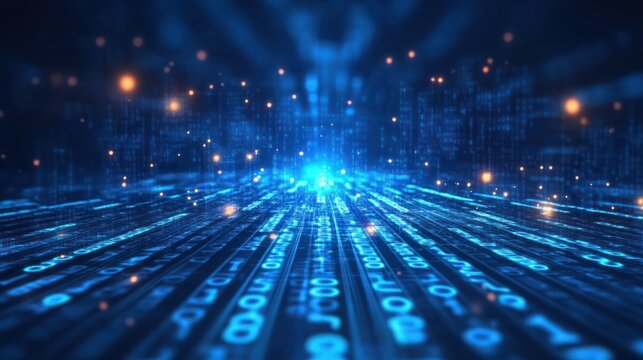 Blue binary code background with glowing lights and data flowing, technology concept