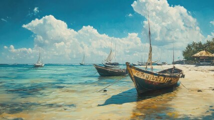 African coastline with boats moored in the shallows, leaving room for copy above.
