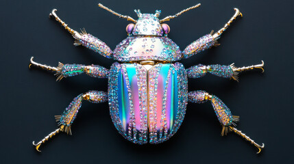 Iridescent beetle covered with gemstones, dark background