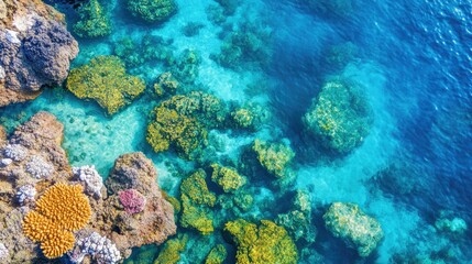 African coral reef from above, with clear waters and space for copy in the sea