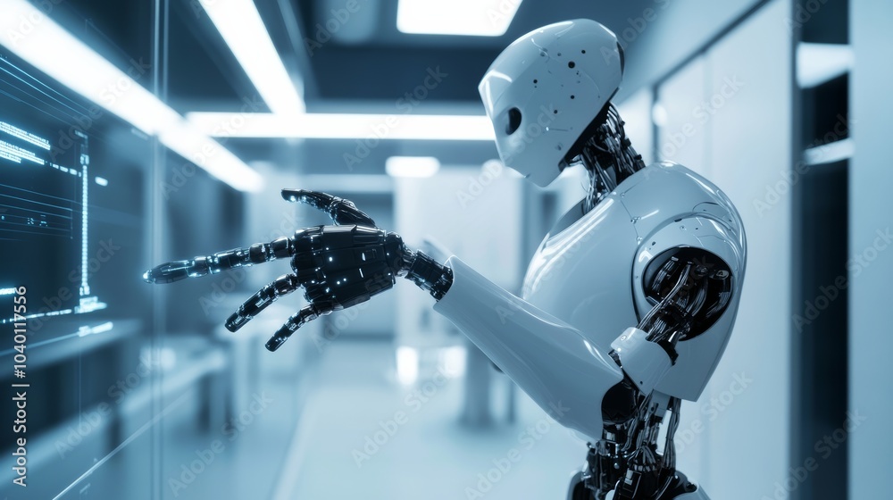 Poster A robot interacting with an AI-powered robotic arm in a modern artificial intelligence lab, sleek and high-tech research environment, AI-tech style