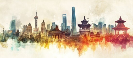 Watercolor painting of a cityscape with tall buildings and traditional pagodas, depicting the mix of modern and traditional architecture.