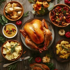 On Thanksgiving Day, there is a turkey and other food placed on the table