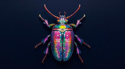 Iridescent beetle covered with gemstones, dark background