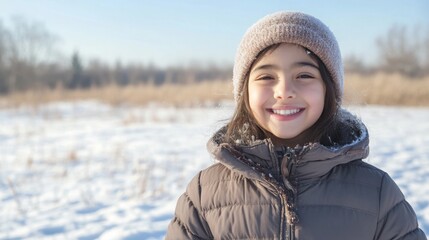 A young girl wearing a knit hat and puffy winter coat smiles at the camera. She is standing in a snowy field with trees in the background.