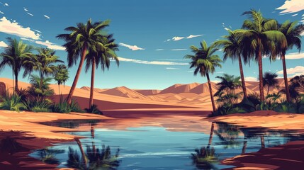 African desert oasis with palm trees and clear water, leaving room for text in the sky