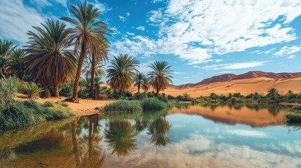 African desert oasis with palm trees and clear water, leaving room for text in the sky