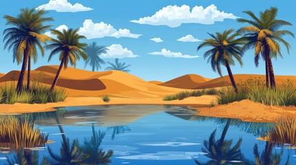 Fototapeta premium African desert oasis with palm trees and clear water, leaving room for text in the sky