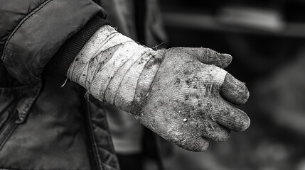 the arm is broken in a cast, the injured arm is bandaged