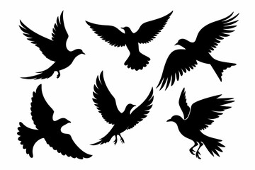Flock of flying birds silhouette vector, Flying bird black silhouette vector set