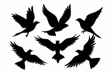 Flock of flying birds silhouette vector, Flying bird black silhouette vector set