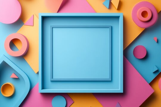 Blue frame lying on multicolored geometric shapes background. Copy space for text