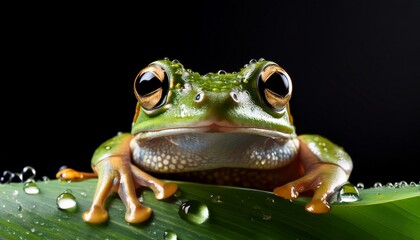 a close up of a frog on a leaf with water droplets on its eyes against a black backdrop