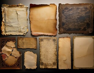 a collection of old textured paper fragments with irregular edges each showcasing the passage of time and its unique history