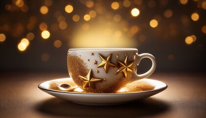 a cup of coffee adorned with golden stars resting on a saucer with a soft glow of light behind it