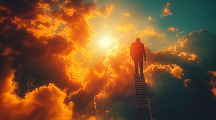 man climbs the stairs to the sky to the clouds