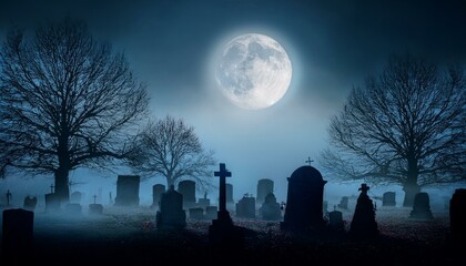 a dark foggy halloween night scene with an eerie full moon casting shadows over a desolate graveyard where tombstones and twisted trees stand ominously